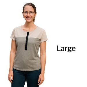 Neutral Gray Black Abstract Print Top with Ribbon Detail Size Large